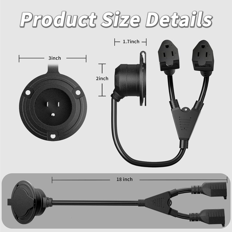 PlugSaf RV Shore Power Inlet Plug AC Port Plug with Waterproof Cover, RV Electrical Outlet Receptacle Box with Dual 18" Integrated Extension Cord for Cargo Trailer, 15 Amp 125V 1875W ETL/cETL Listed - Image 3